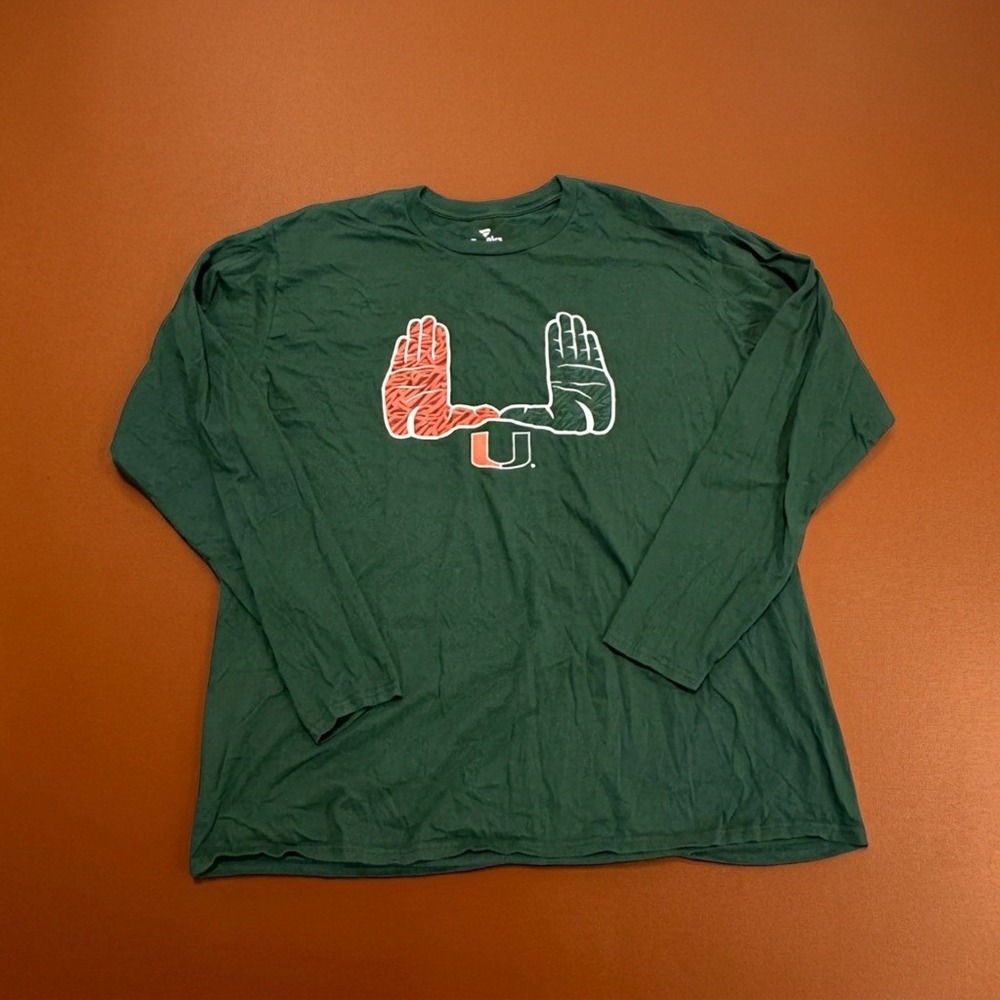 Miami Hurricanes Fanatics Long Sleeve T-Shirt Men's 3XL Green The U Hand Graphic
